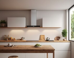 Fototapeta premium Modern Kitchen interior with empty blank wall for mockup template display. 3D Rendering