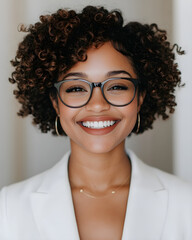 Obraz premium Confident woman with curly hair and glasses smiling warmly