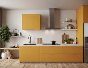 Modern Kitchen interior with empty blank wall for mockup template display. 3D Rendering