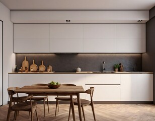 Modern Kitchen interior with empty blank wall for mockup template display. 3D Rendering