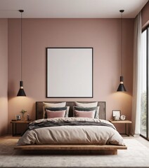 Modern bedroom interior with empty blank wall for mockup template display. 3D Rendering