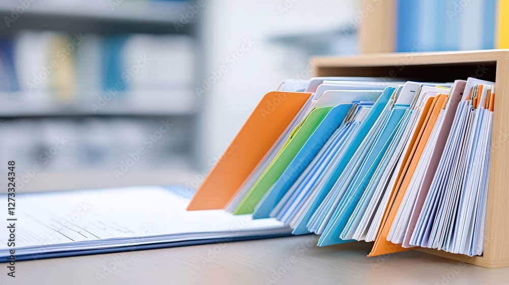 Poster a neatly organized set of colorful file folders in a box, with documents partially visible on a tabl