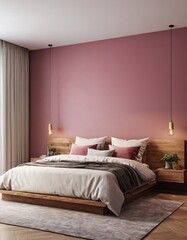 Modern bedroom interior with empty blank wall for mockup template display. 3D Rendering