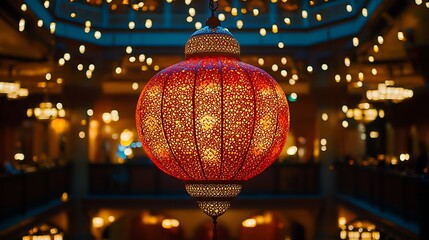 Fototapeta premium Close-up of a decorative, glowing lantern hanging inside a building with blurred lights