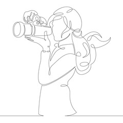 One continuous drawing line logo portrait the girl is shooting on a photo camera .Single hand drawn art line doodle outline isolated minimal illustration cartoon character flat