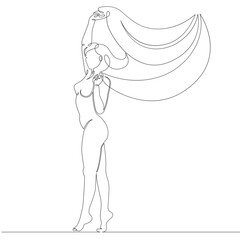 One continuous drawing line logo portrait of beautiful woman with developing long shawl scarf.Single hand drawn art line doodle outline isolated minimal illustration cartoon character flat