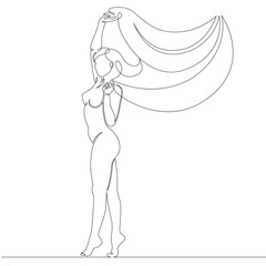 One continuous drawing line logo portrait of beautiful woman with developing long shawl scarf.Single hand drawn art line doodle outline isolated minimal illustration cartoon character flat