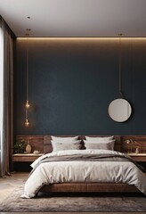 Modern Bedroom interior with empty blank wall for mockup template display. 3D Rendering