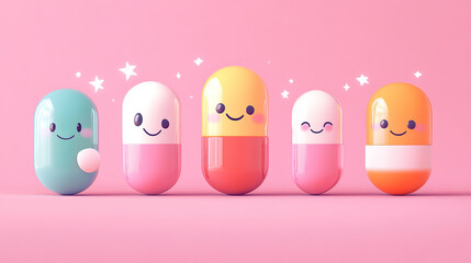 Medicine cute cartoon characters vector illustration. Smiling funny medical items for medication and prevention disease. Collection of isolated dancing and jumping happy pills.