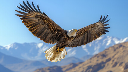 Naklejka premium Bald eagle soaring against snowy mountain backdrop, displaying majestic wingspan in natural habitat