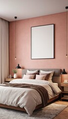 Modern Bedroom interior with empty blank wall for mockup template display. 3D Rendering