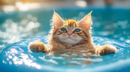 Fluffy stuffed cat in a pool jet stream playful summer day