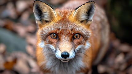 Fototapeta premium Close-up of fox in forest, looking at camera, natural light, autumn foliage, wildlife, nature