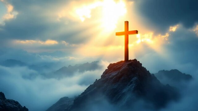 Christian cross, crucifixion on beautiful mountain rock at sunrise landscape. jesus easter resurrection concept. Good Friday. Religion, Bible, Christianity and faith concept
