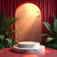 Obraz premium Elegant Marble Podium in Vibrant Pop Art Style Amidst Ruby Red Jungle