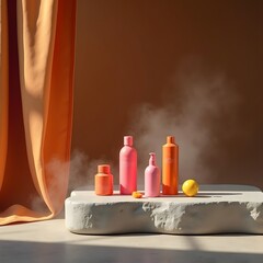 Vibrant Pop Art-inspired Product Showcase on Rich Brown with Soft Drapery and Warm Lighting