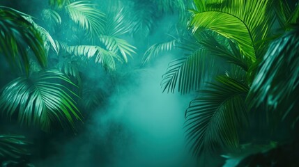 Lush green palm fronds surrounded by mysterious teal colored fog