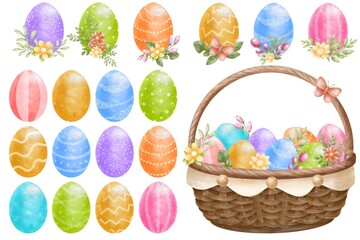 A collection of colorful Easter eggs displayed alongside a woven basket.	

