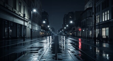 Fototapeta premium Calm city street at night dim streetlights casting long shadows on the wet pavement
