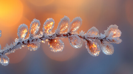Frozen winter branch with ice crystals glowing in sunset light, creating magical frost formations in nature