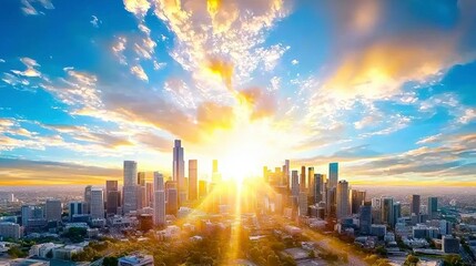 Obraz premium Stunning sunrise over los angeles skyline cityscape urban environment vibrant atmosphere aerial view inspirational concept
