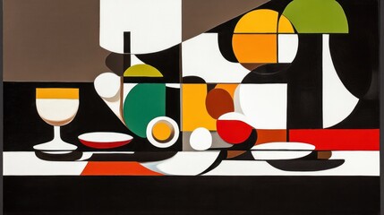 Abstract still life painting featuring glassware and vibrant geometric shapes