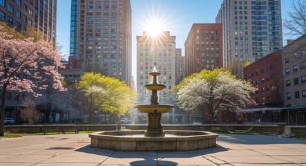 Fototapeta premium Concrete plaza with an old fountain surrounded by tall buildings in spring bright sunlight
