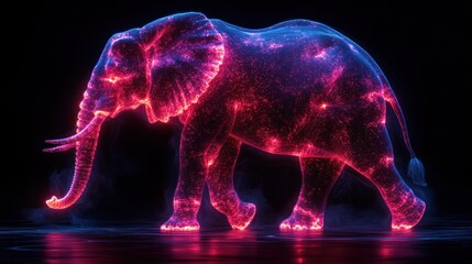 Neon Elephant Walking, Dark Studio, Abstract Art, VFX