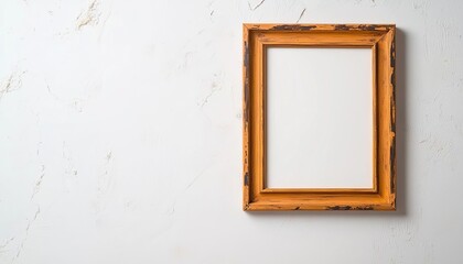Empty vintage wooden frame on a textured wall, perfect for displaying artwork or photos.