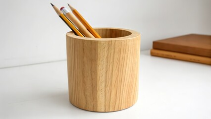 Obraz premium Wooden Pen Holder on White Background