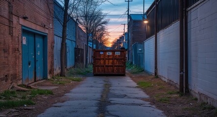 Fototapeta premium Empty alleyway at dusk in spring with a rusted dumpster