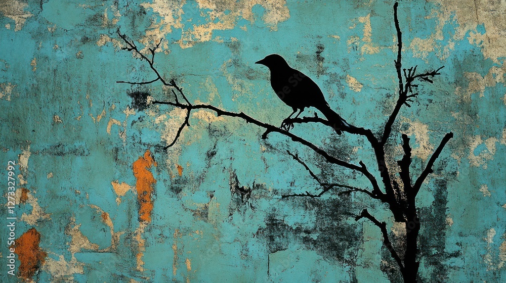 Poster silhouette of a bird perched on a bare tree branch