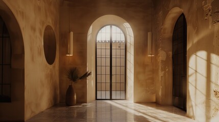 Fototapeta premium Sunlit Hallway: Architectural Serenity in Beige Tones