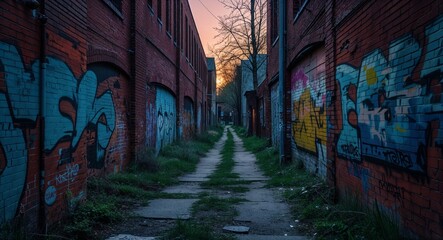 Fototapeta premium Forgotten alley at dusk in spring with graffiti on the brick walls