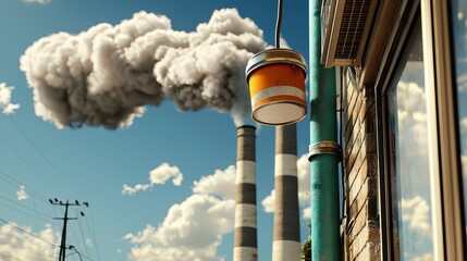A factory emits thick smoke from its chimneys under a clear sky, highlighting industrial pollution and environmental concerns.