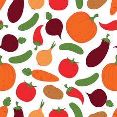 Vegetables are a pattern. Seamless pattern with the image of vegetables such as pumpkin, beetroot, cucumber,potatoes and also pepper, eggplant and carrots. Vegetables in a linear style. Vector