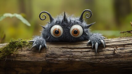 Naklejka premium Funny monster plush with furry body spiral eyes and spiked tail leaning on a log