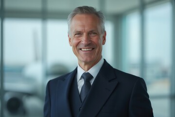 Head and shoulders Portrait of an elegant stylish Russian 50 years old male flight attendant in uniform.