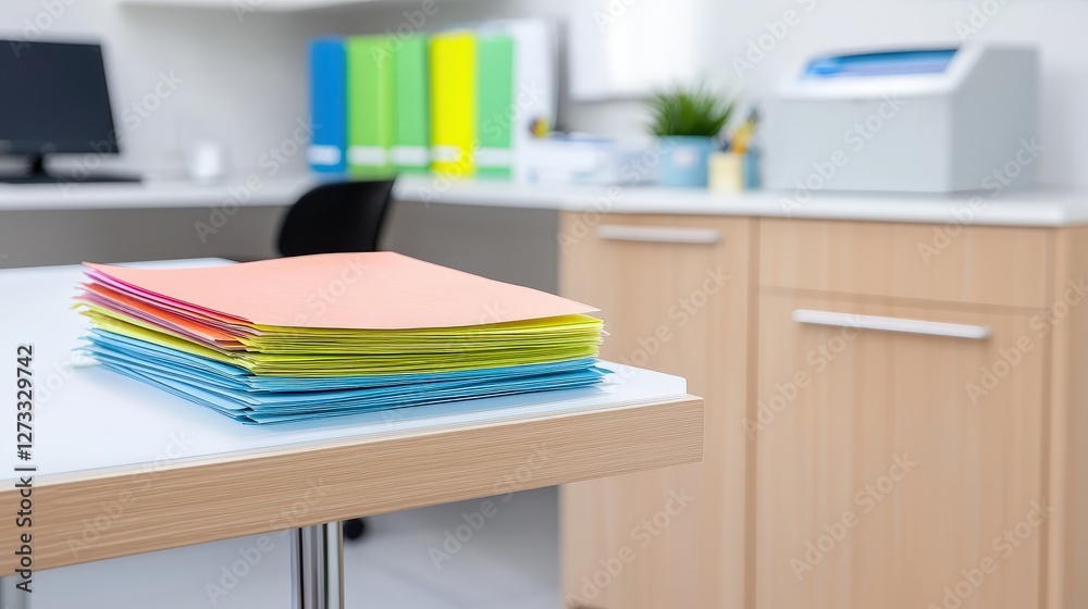 Poster a tidy office space featuring colorful file folders stacked neatly on a table, with a printer and or