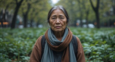 Naklejka premium Homeless mature Asian woman in an overgrown park background portrait facing forward