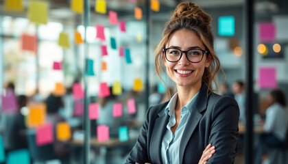 Fototapeta premium A cheerful woman stands confidently in a dynamic workspace, embodying creativity and teamwork.