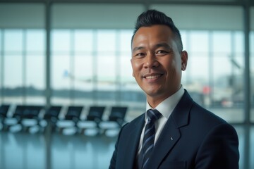 Fototapeta premium Head and shoulders Portrait of an elegant stylish Samoan 50 years old male flight attendant in uniform.