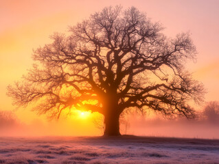 Baum ohne Bl&auml;tter im Winter, Sonnenaufgang, Generative AI
