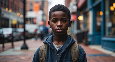 Fototapeta premium Homeless young black African boy in a downtown sidewalk background portrait facing forward