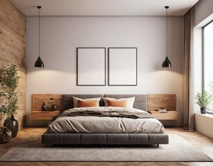 Modern bedroom interior with empty blank wall for mockup template display. 3D Rendering