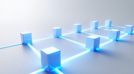 A futuristic network of illuminated cubes connected by glowing lines, representing digital connections or blockchain technology.