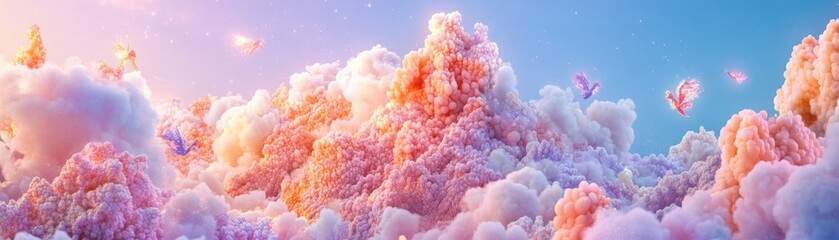 Dreamy clouds and glowing butterflies adorn a pastel sky