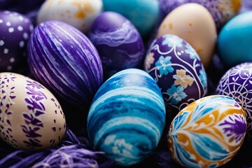 Fototapeta premium Easter eggs with striped, floral and spotted patterns on purple yarn