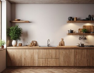 Modern Kitchen interior with empty blank wall for mockup template display. 3D Rendering