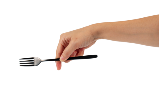 Hand and metal black fork on transparent background